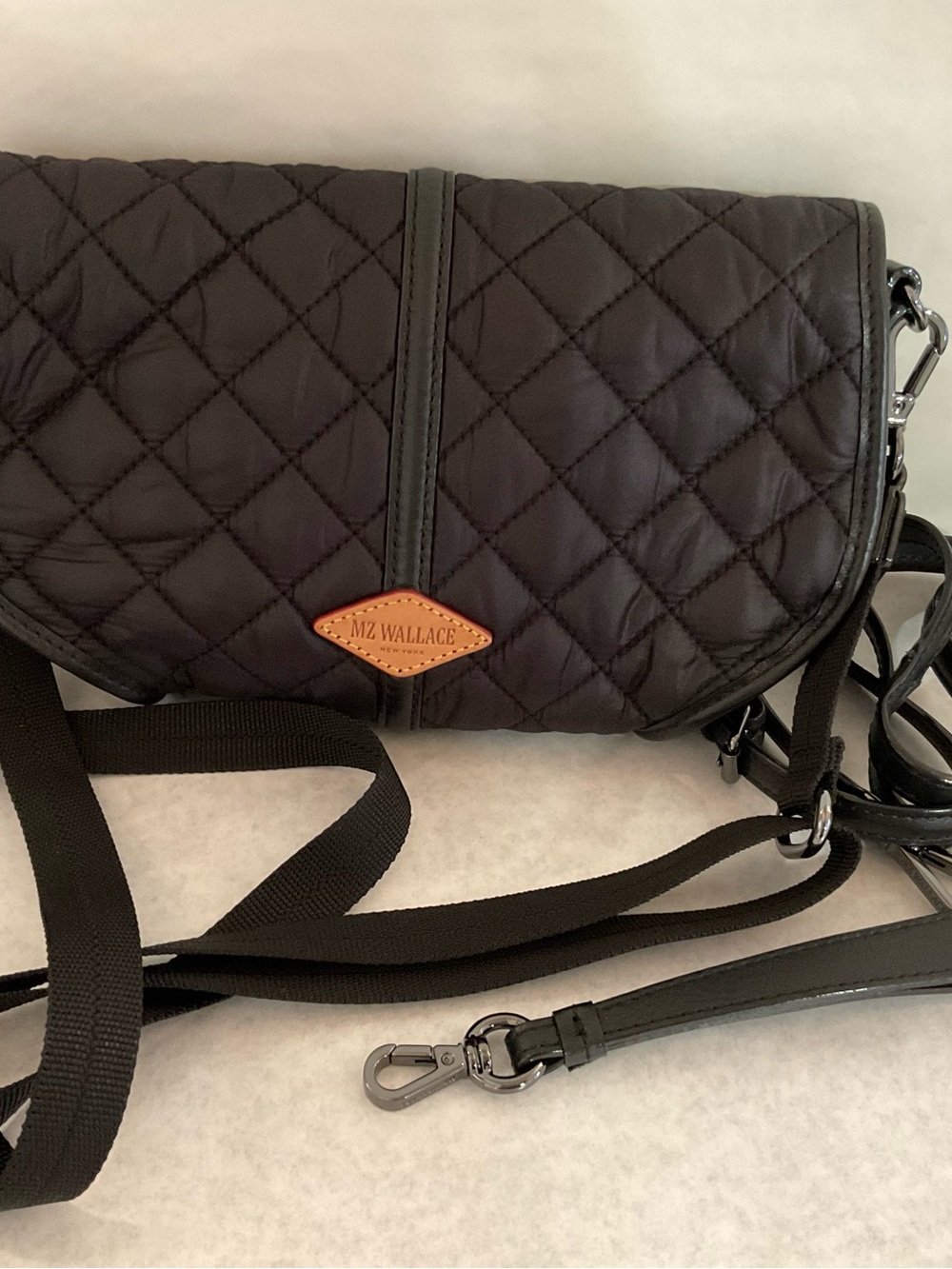 MZ Wallace Black Quilted Nylon Crossbody with Tan Logo Patch